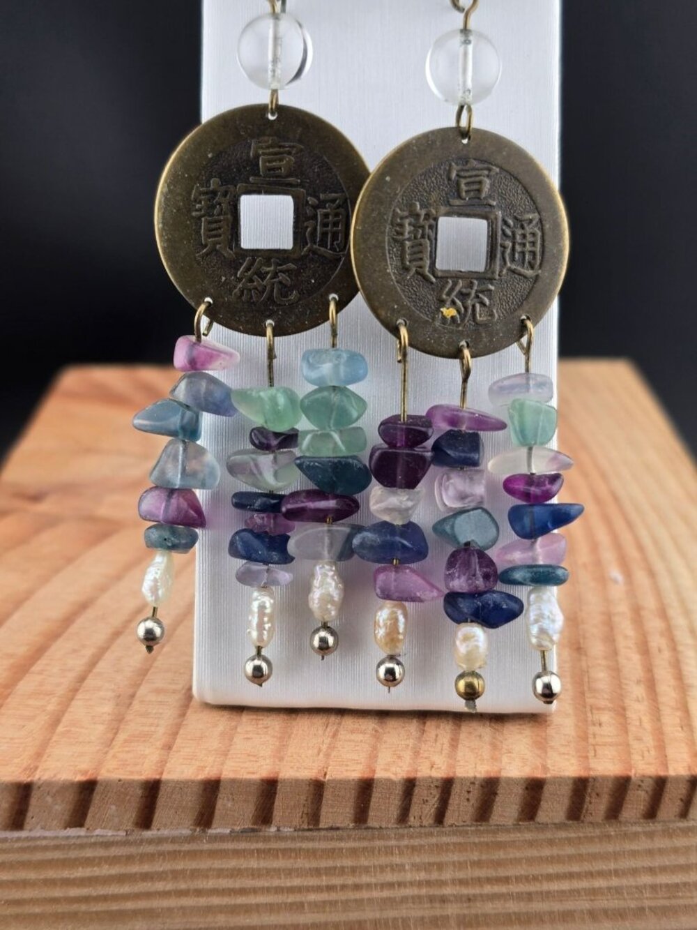Chinese Coin Earrings Gemstone Beads and Pearls Multicolor Dangle Boho